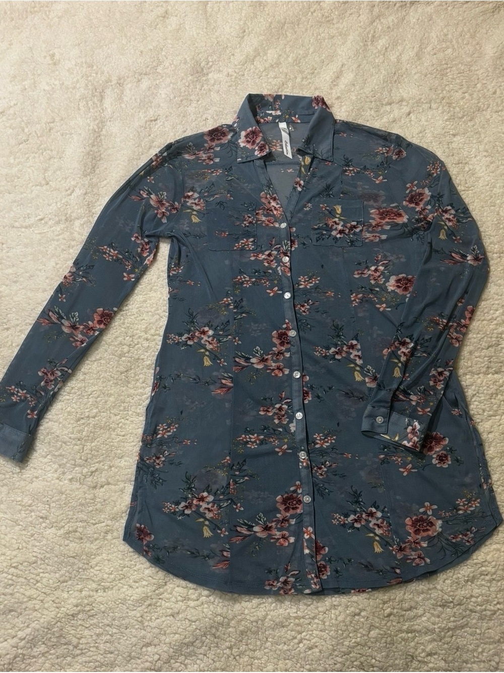 Blue Floral Button-Up Tunic Shirt1526